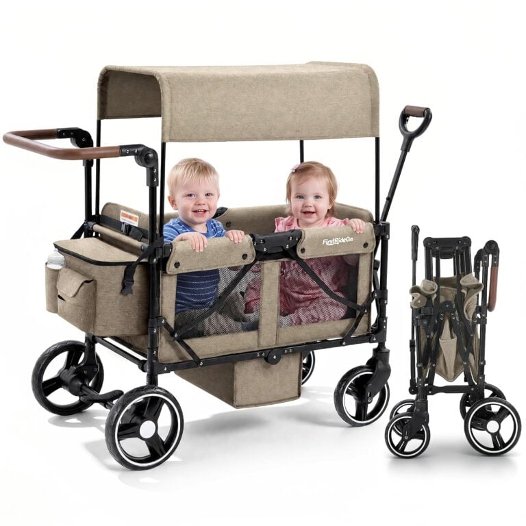 Brown wagon stroller for 2 kids with removable canopy, mesh sides and organizer bag, shown unfolded and folded