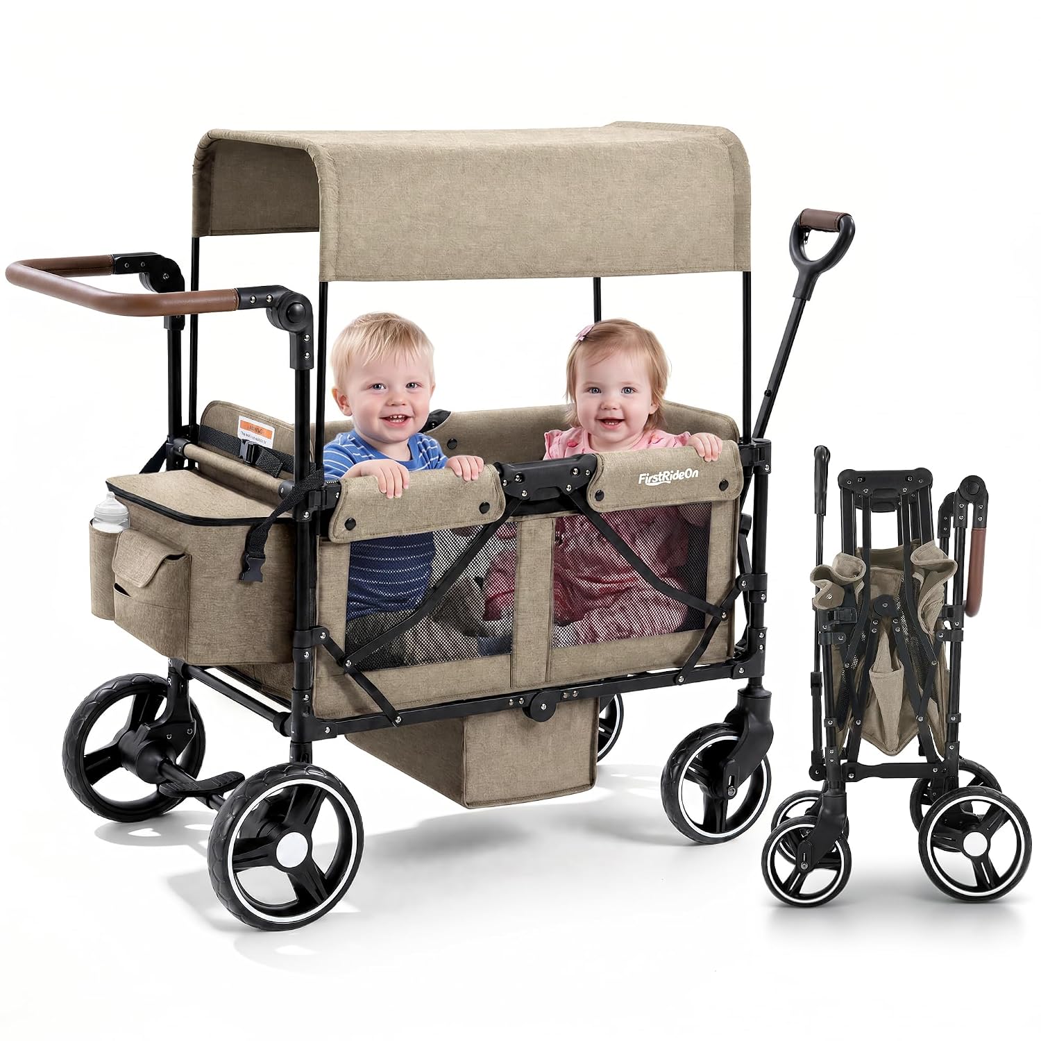 wagon-stroller-brown-canopy-folded Brown wagon stroller for 2 kids with removable canopy, mesh sides and organizer bag, shown unfolded and folded