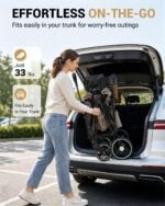 One-step folding wagon stroller, just 33 lbs, lifting it into a car trunk for easy travel and storage