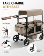 Adjustable leather push and pull handle with one-touch foot brake and 360-degree swivel front wheels on the brown wagon