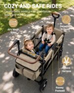Two kids seated safely in the brown wagon stroller with 5-point harnesses, breathable mesh sides and roomy footwell